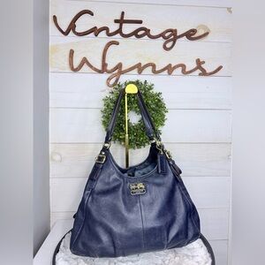 Coach Madison Maggie Hobo Bag Navy Double Straps, Pleated Leather, Gold Hardware